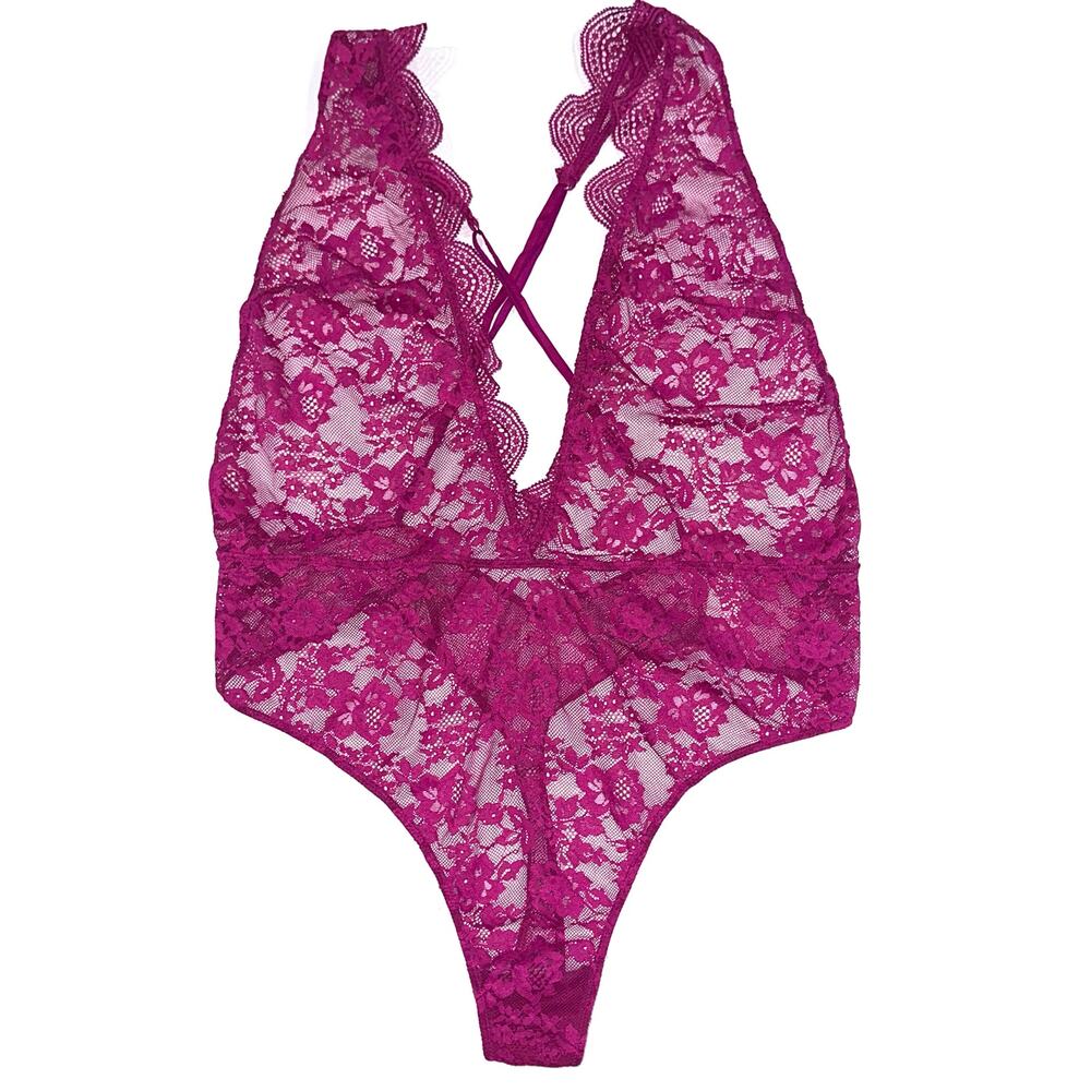 Victorias Secret Purple Pink Sheer Floral Lace Teddy Lingerie Bodysuit Size XL